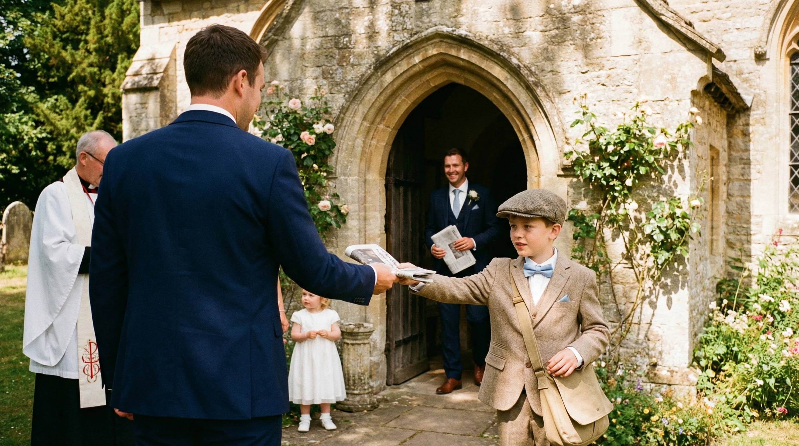 a page boy handing a wedding newspaper to a guest arriving at the church for the wedding